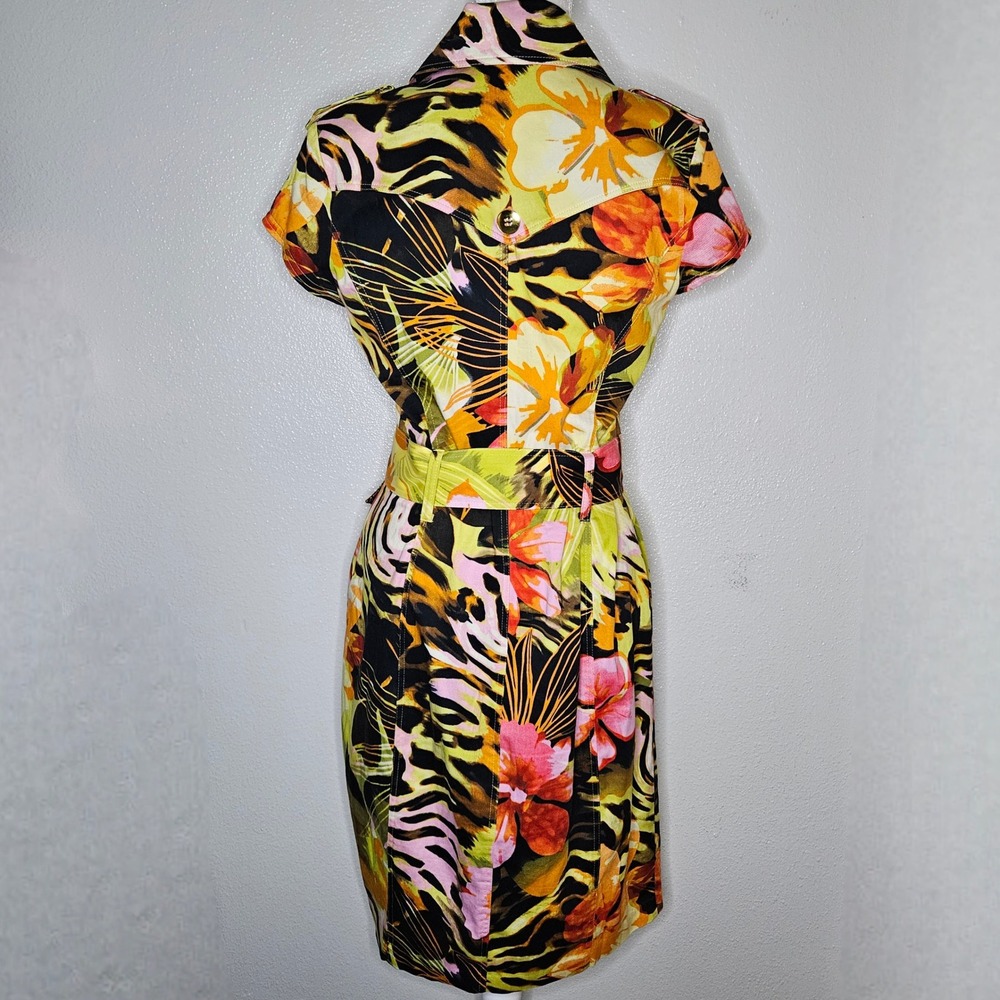 Cache Womens Tropical Floral Leopard Print Belted Trench Sheath Dress - Picture 2 of 7